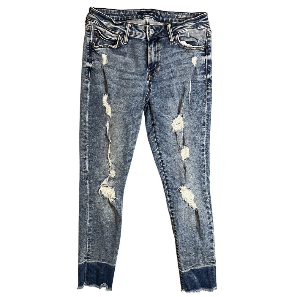 Arizona Jean Co Women's Size 7 Mid-Rise Skinny Jeans Distressed Raw Hem Blue